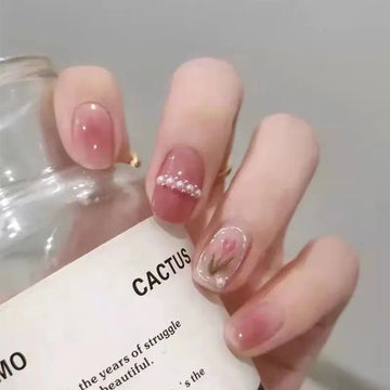 Qfdian 10Pcs Handmade Tulip Press On Nails Pink Blush Designed Fake Nails Short Ballerina False Nails with Pearl Full Cover Finger Tips